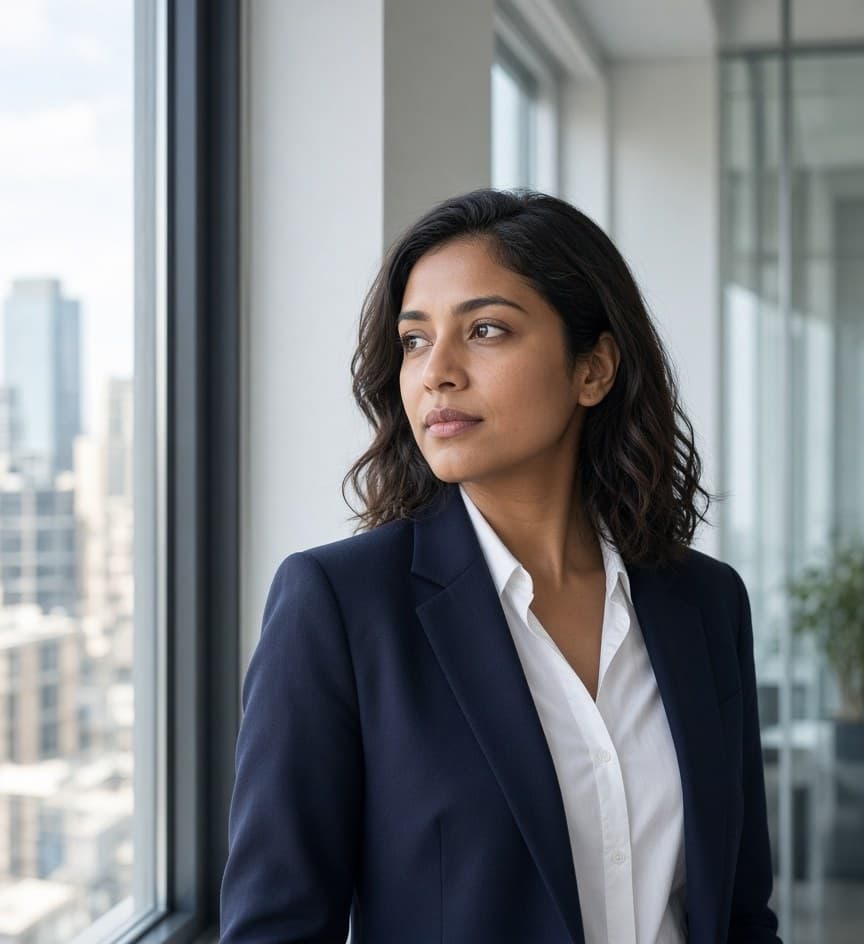 A consultant looking out from a bright city office