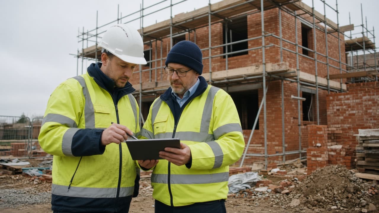 Two site managers reviewing plans beside a building