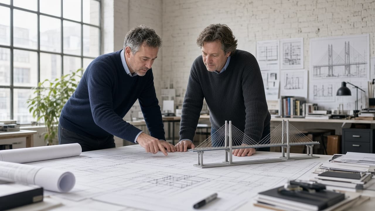 Two engineers reviewing a bridge model and drawings