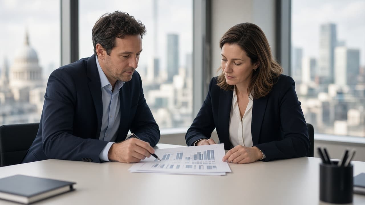 Two colleagues reviewing figures in a city office
