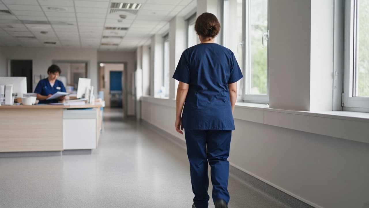 A nurse walking along a bright hospital corridor
