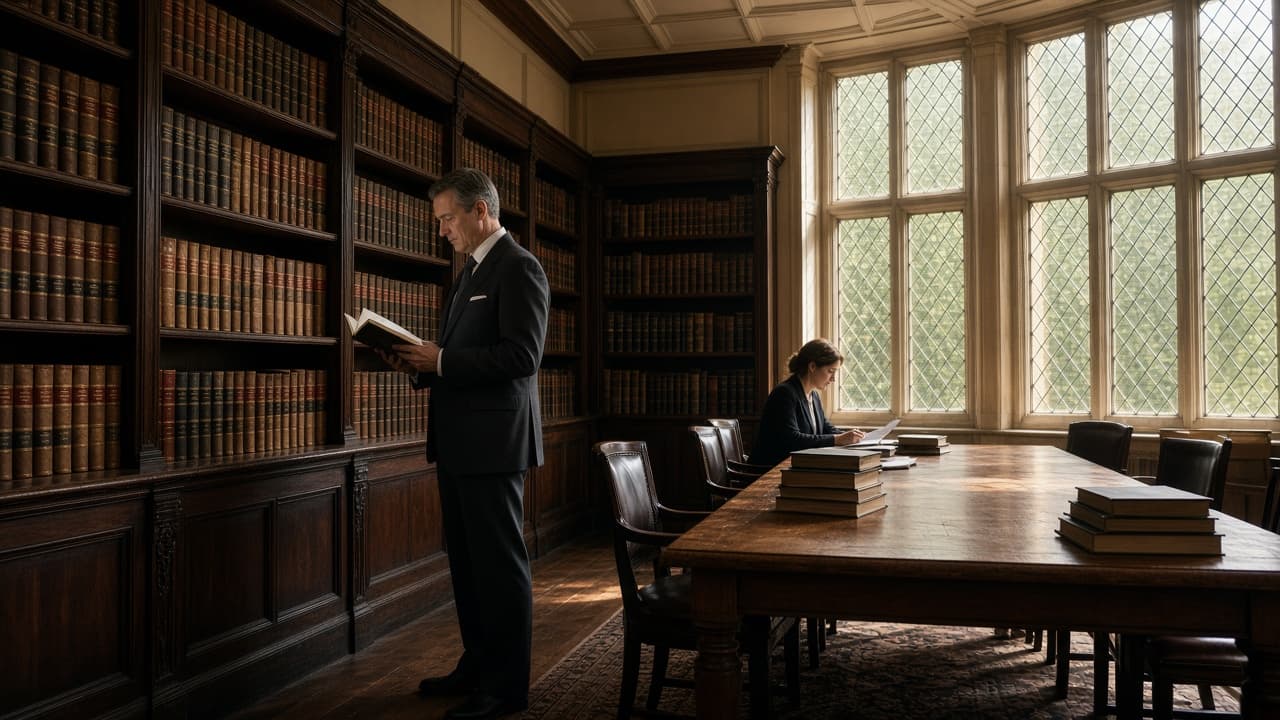 A solicitor reading in a chambers library