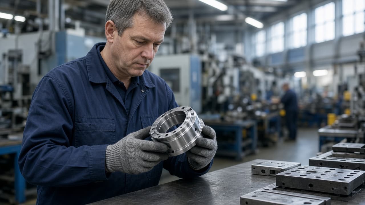 A quality lead inspecting a machined component
