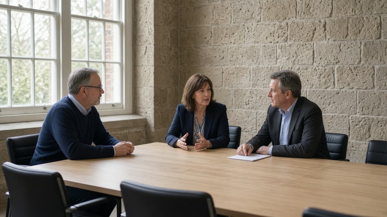Three colleagues in discussion in a civic meeting room