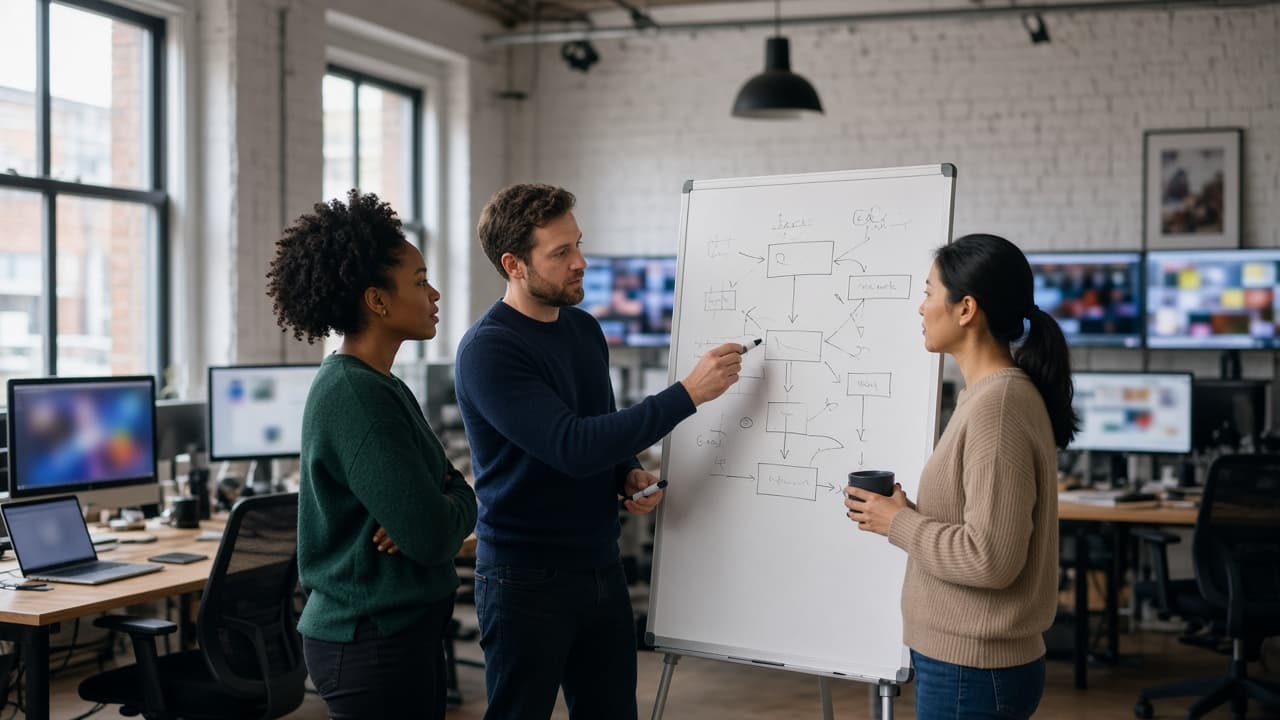 A software team discussing a diagram